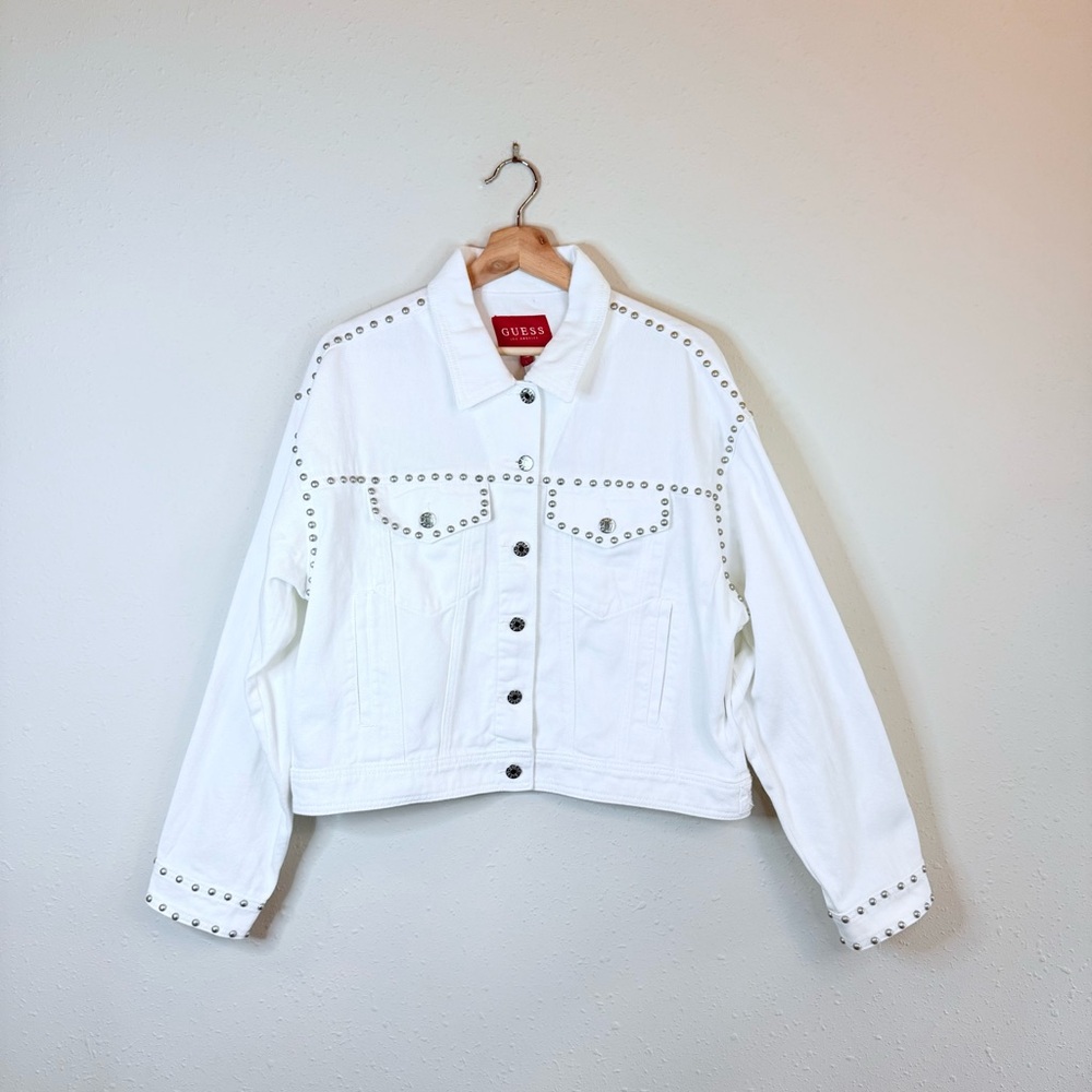 Guess Women’s Studded Cara Floral White Jean Jacket Sz Large NWT